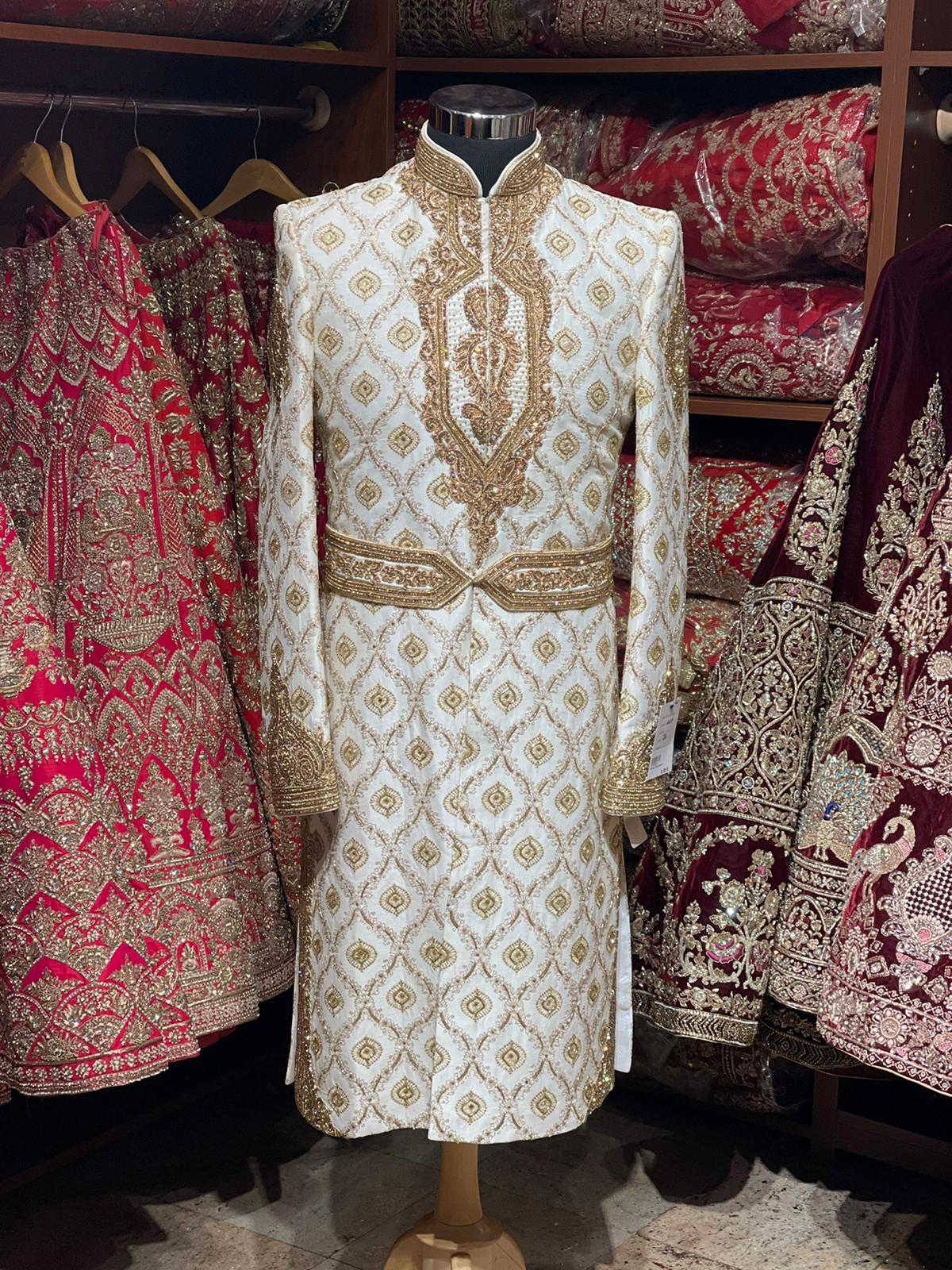 Off White Zardozi Embroidered Sherwani -6209