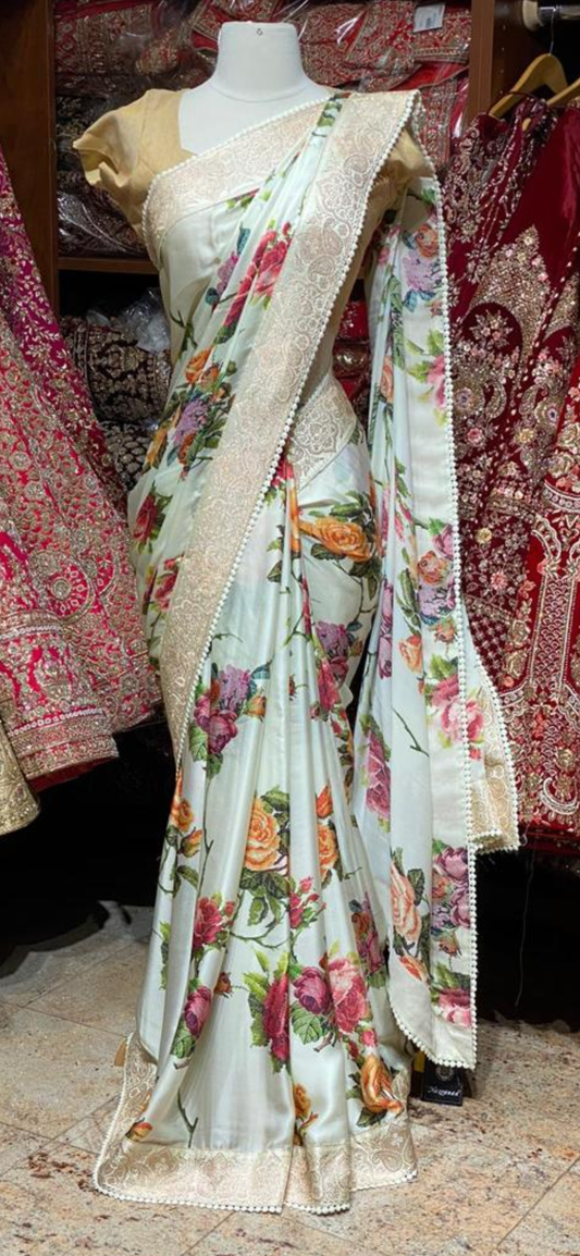 Macaroon Cream Floral Georgette Saree