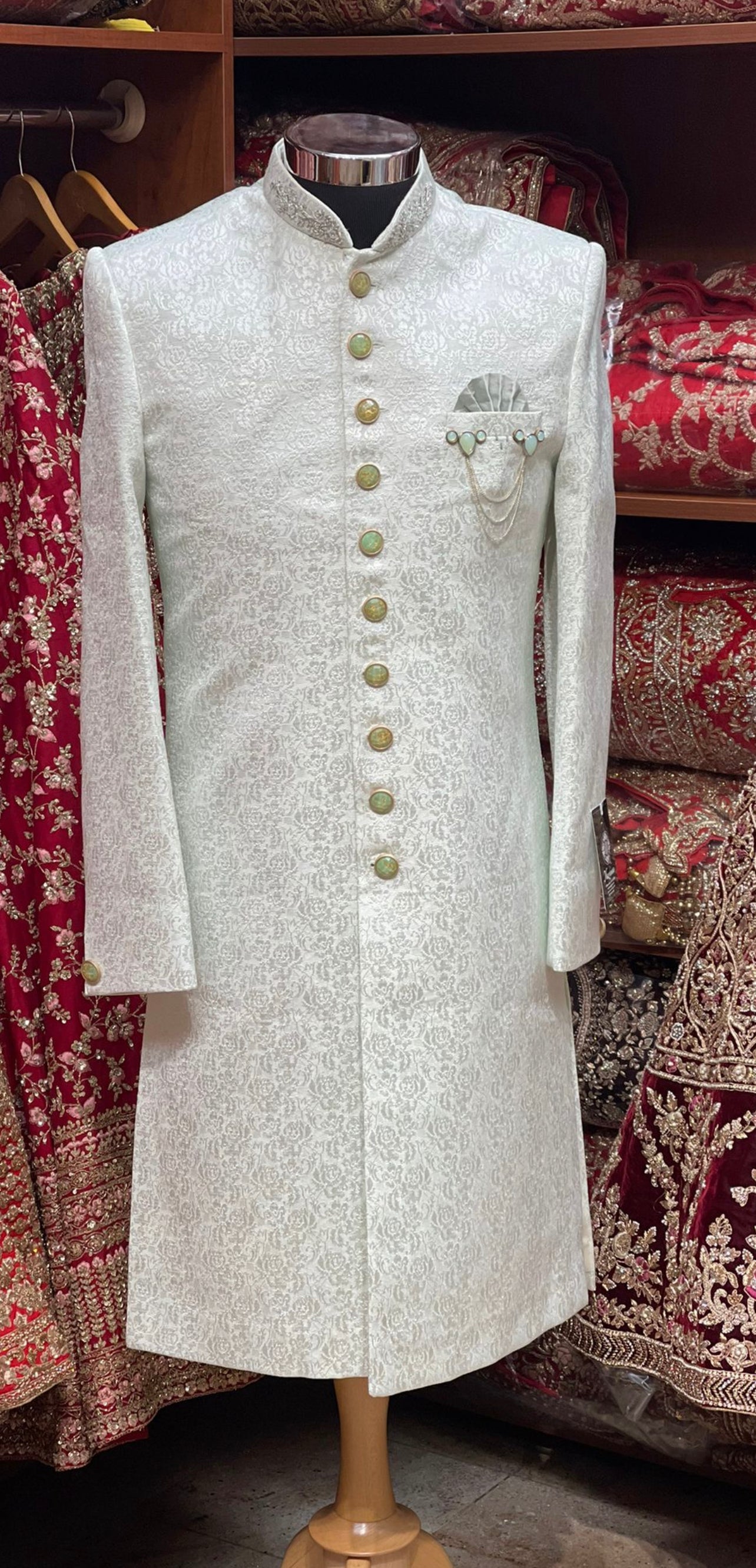 Tea Green Woven Sherwani- 1273