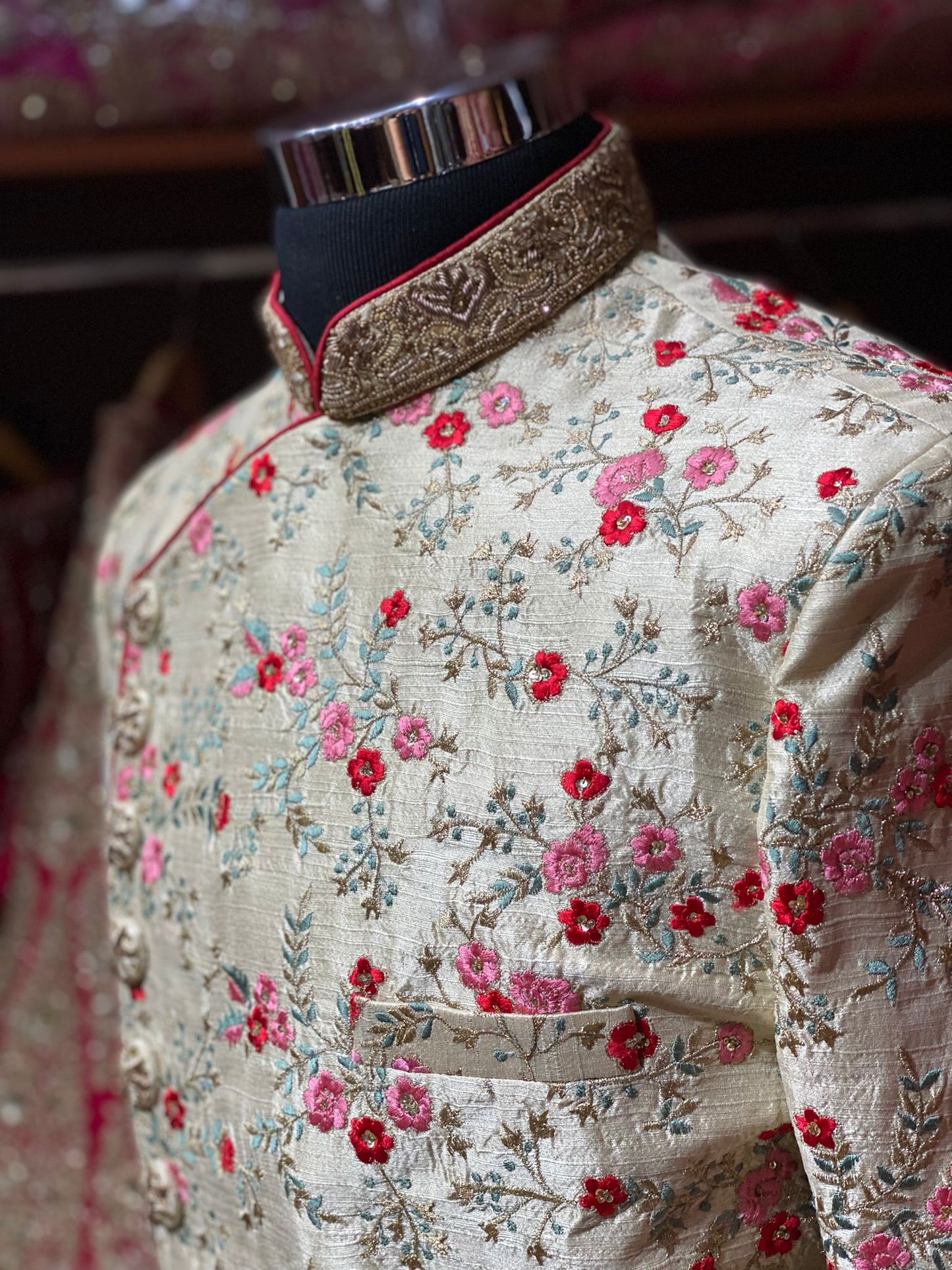 Cream Gold Embroidered Sherwani