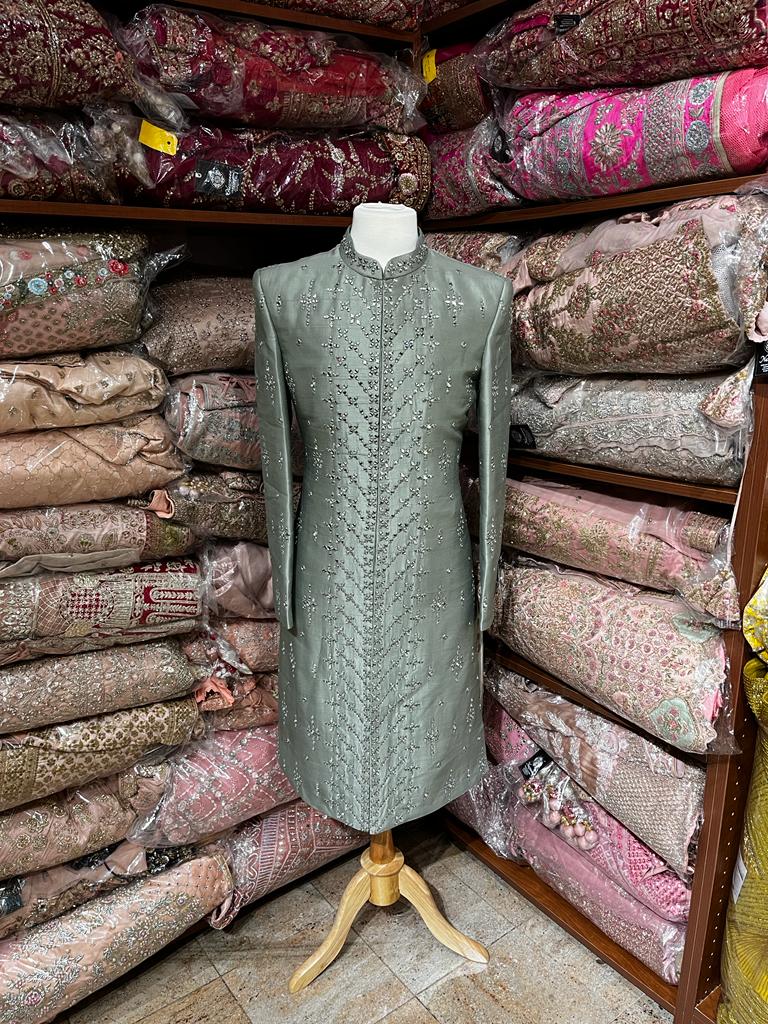 Sage Green Mirror Embroidered Sherwani-S14-13