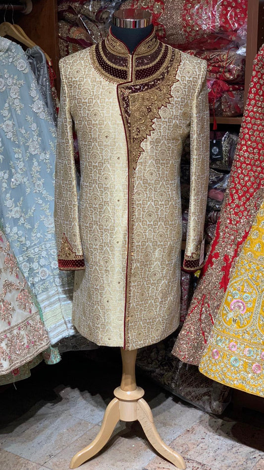 Gold Maroon Size 40 Wedding Sherwani