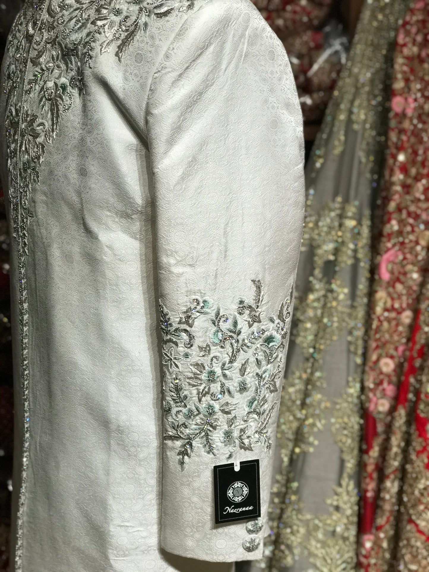 White Sherwani with Mint Accents