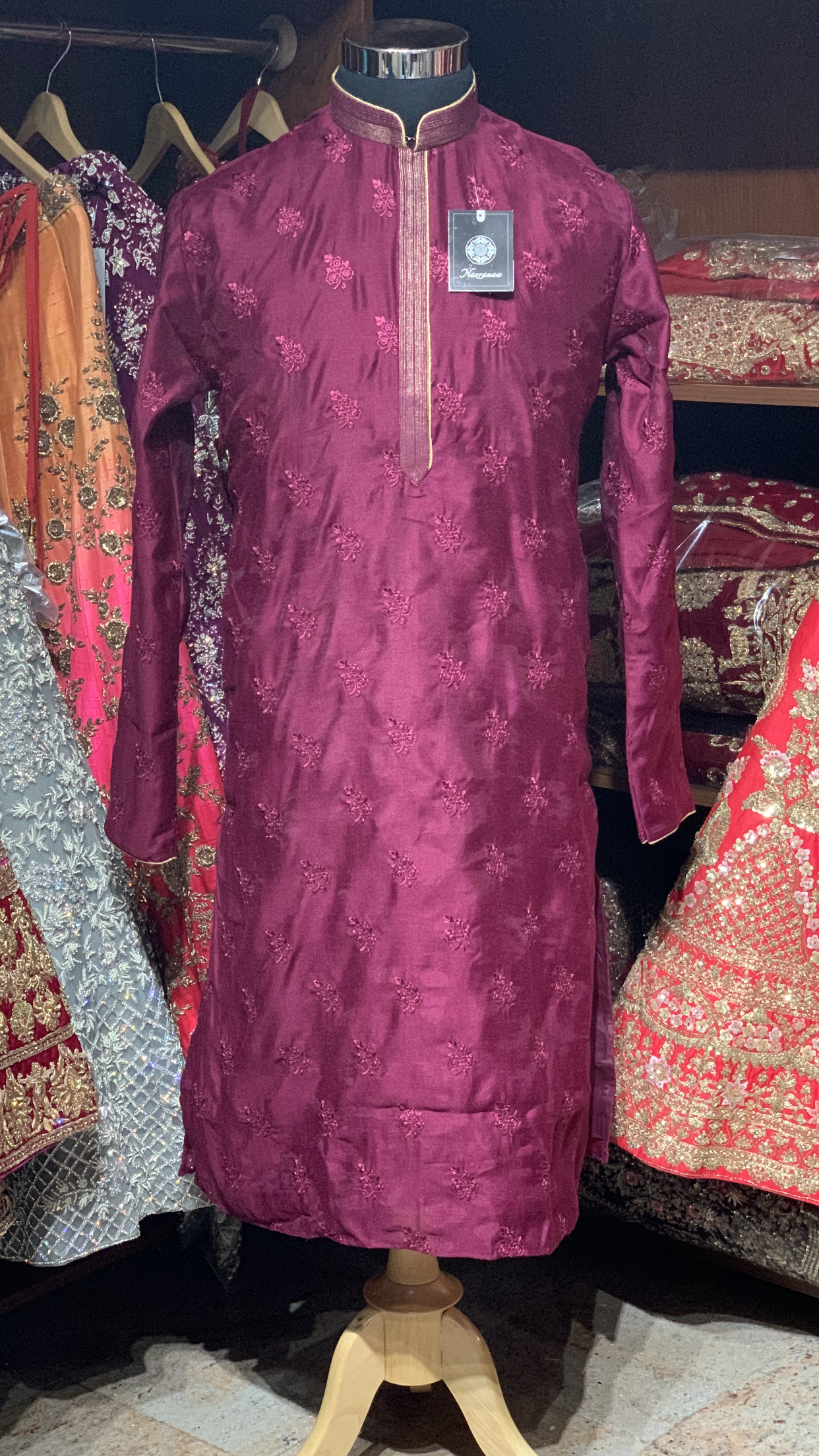 Plum Purple Silk Kurta Pajama with Tonal Floral Embroidery