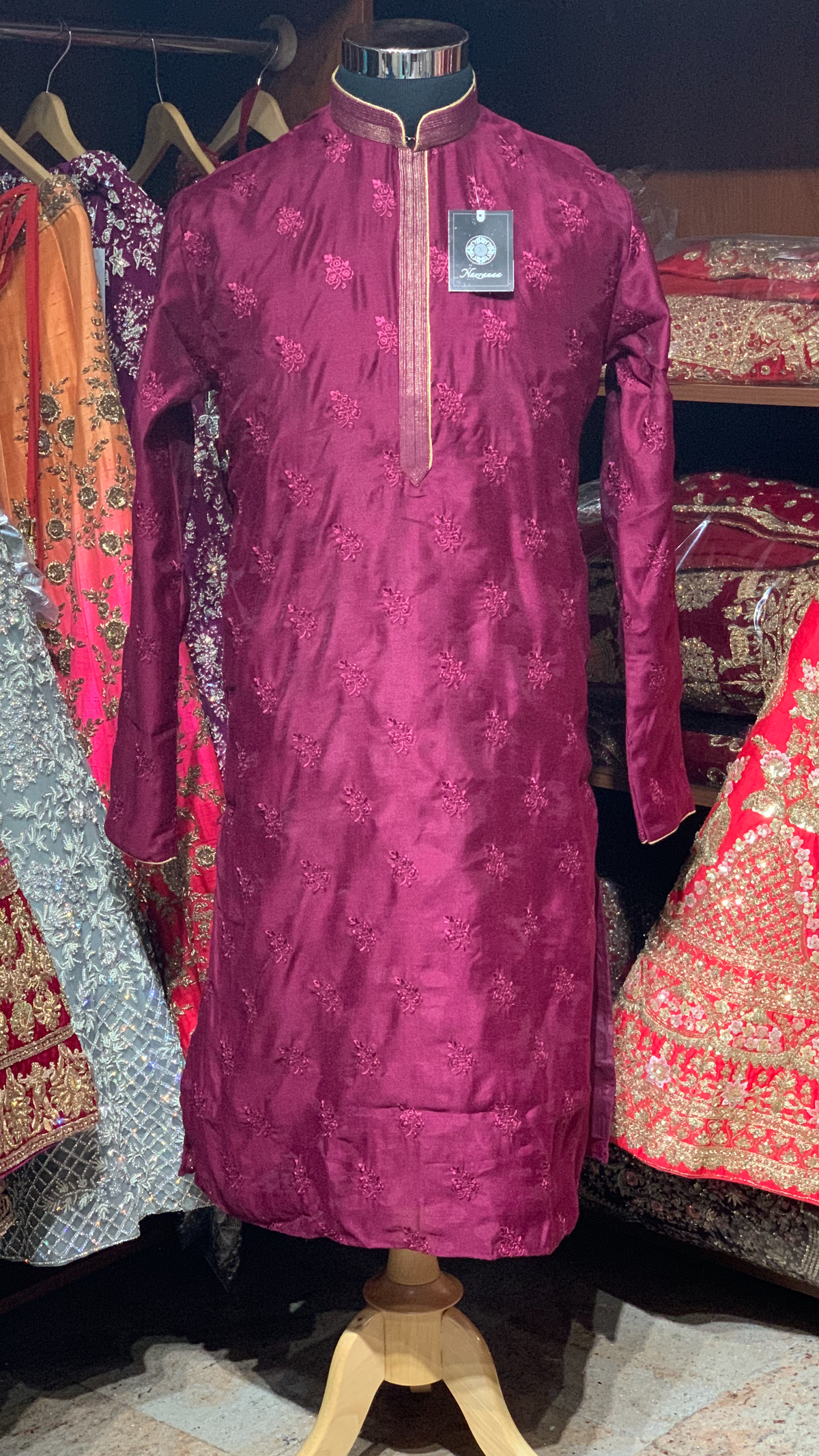 Plum Purple Silk Kurta Pajama with Tonal Floral Embroidery