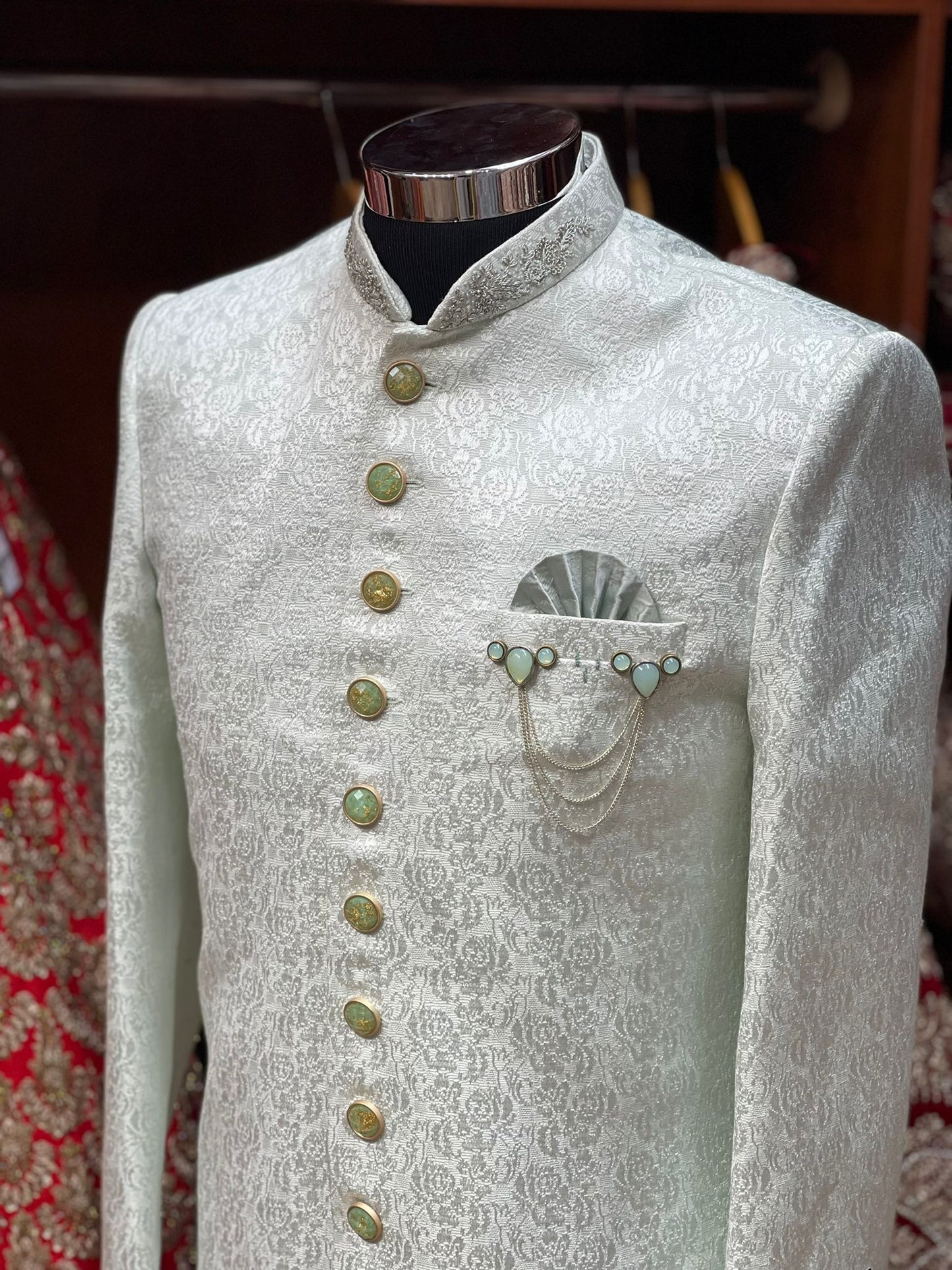 Tea Green Woven Sherwani- 1273