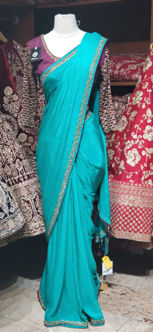 Turquoise Green Georgette Saree W/ Readymade Blouse PWS-029