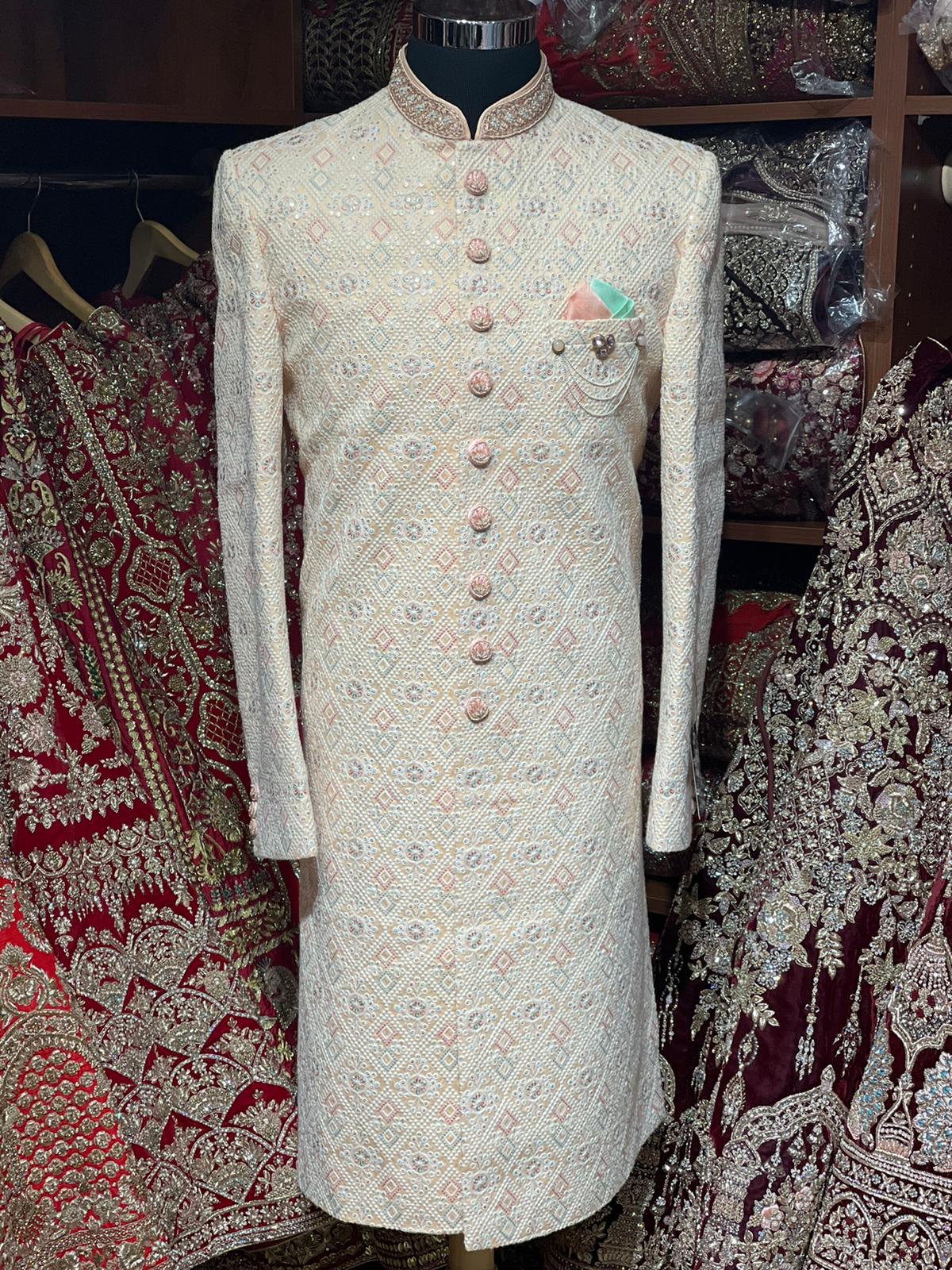 Salmon Peach Thread Embroidered Sherwani- S1298