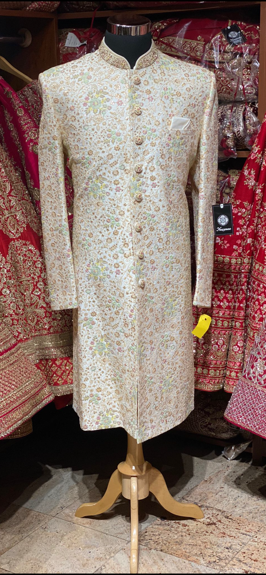 Off White Thread and Sequins Embroidered Sherwani-S1183