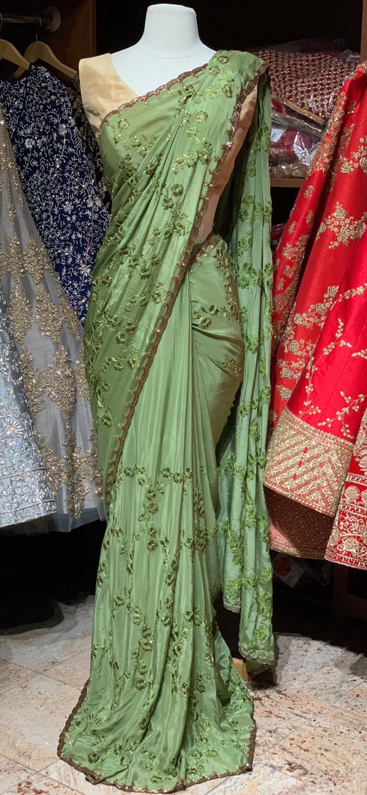 Sage Green Thread Work Saree