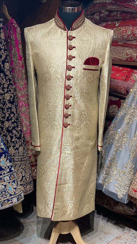 Gold Sherwani W/ Maroon Accents