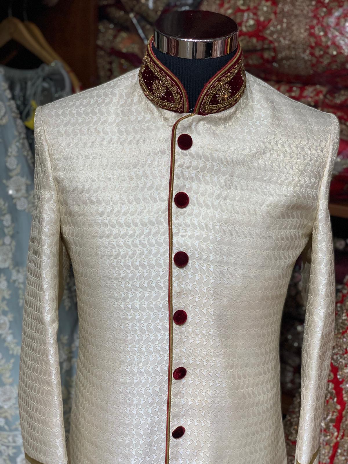 Cream Maroon Size 38 Sherwani