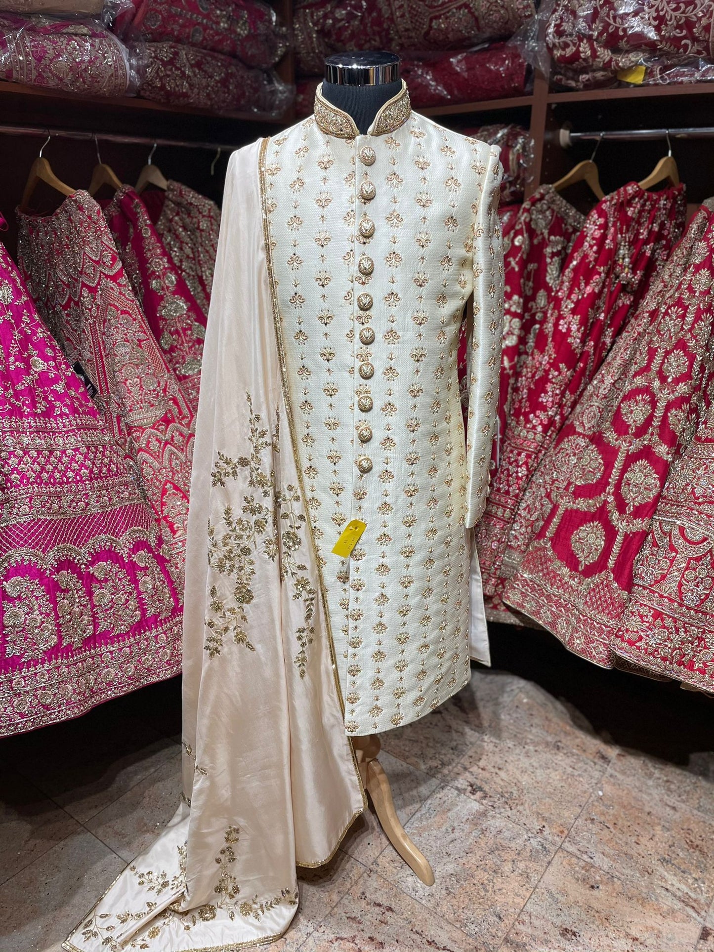 Pearl White & Gold Silk Embroidered Sherwani- S46