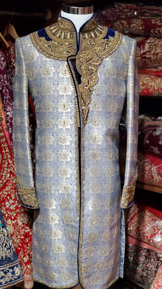 Blue Banarasi Brocade Sherwani