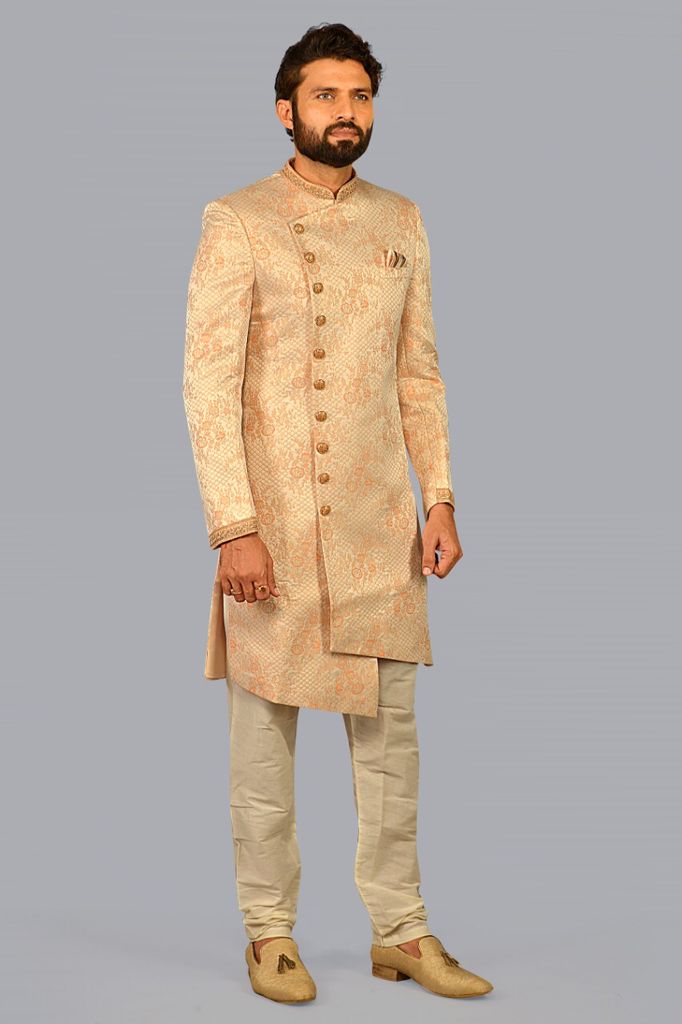 Peach Orange Silk Woven Brocade Sherwani