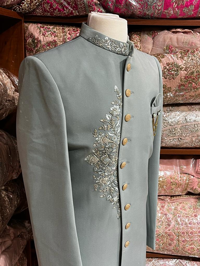 Stone Blue Resham Embroidered Sherwani- 1275