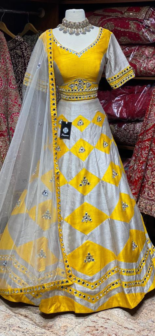 Mustard Yellow & Grey Party Wear Lehenga PWL-092