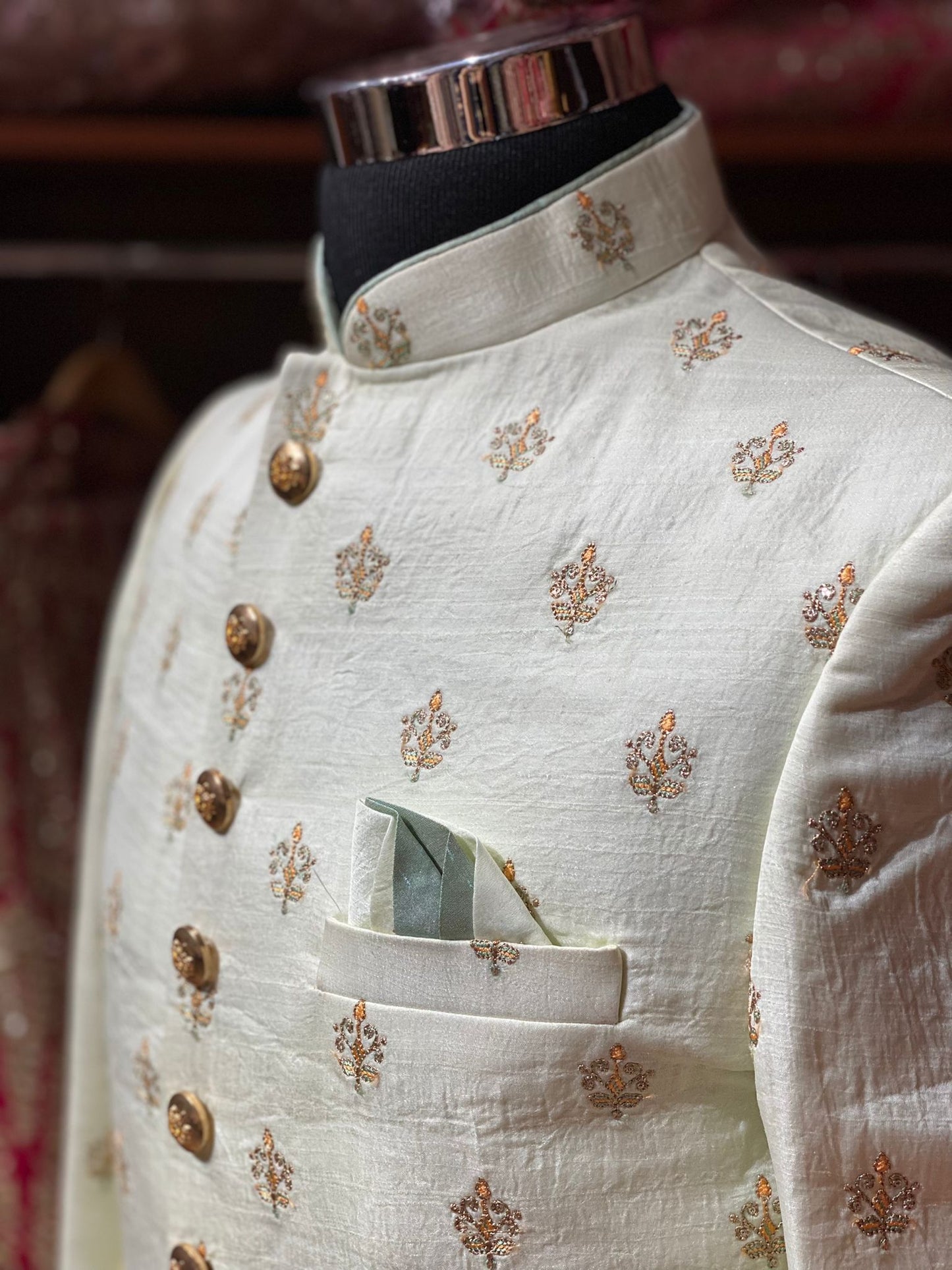 Pearl White Thread Embroidered Sherwani-2098