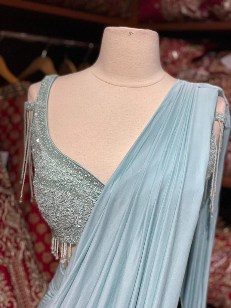 Powder Blue Pre-Stitched Saree W/ Readymade Blouse PSS-41