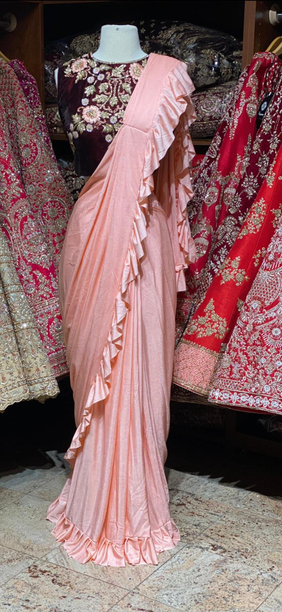 Blush Pre-Stitched Ruffle Saree W/ Readymade Blouse PSS-8