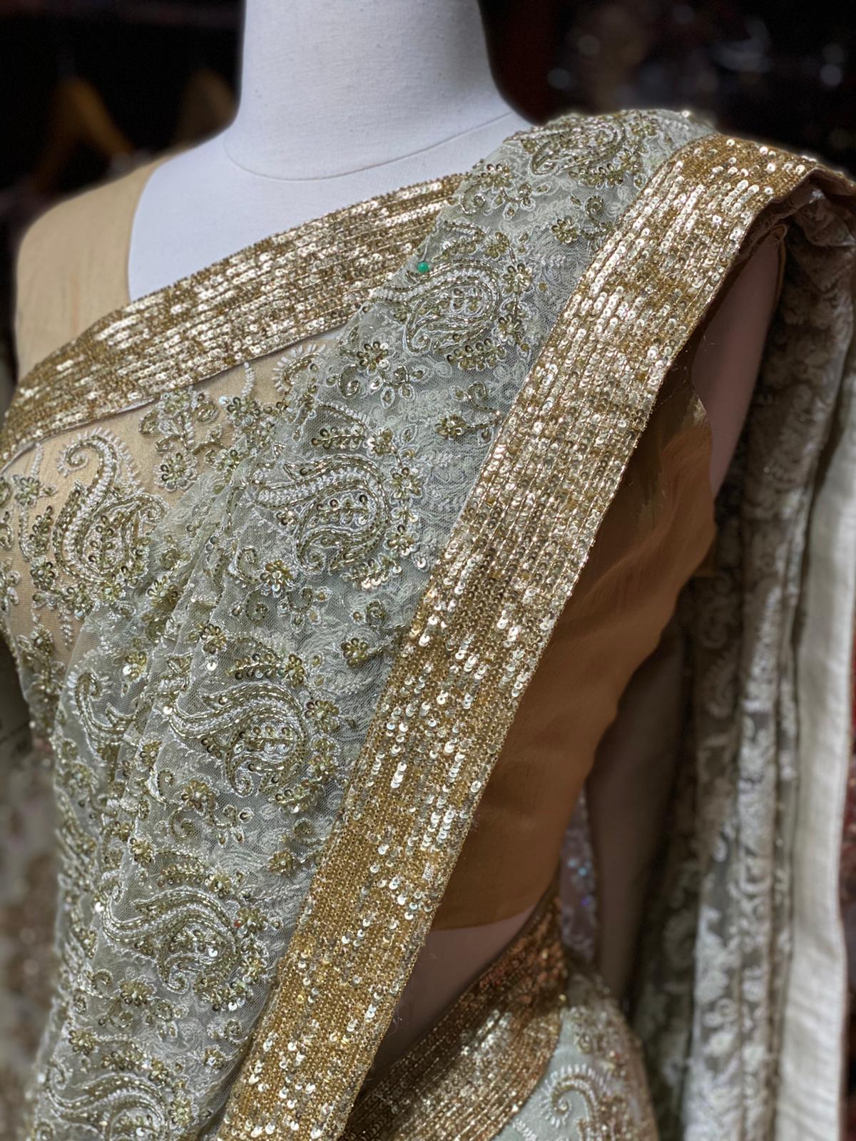 Sage Green Net Saree with Sequin and Cut Dana Embroidery