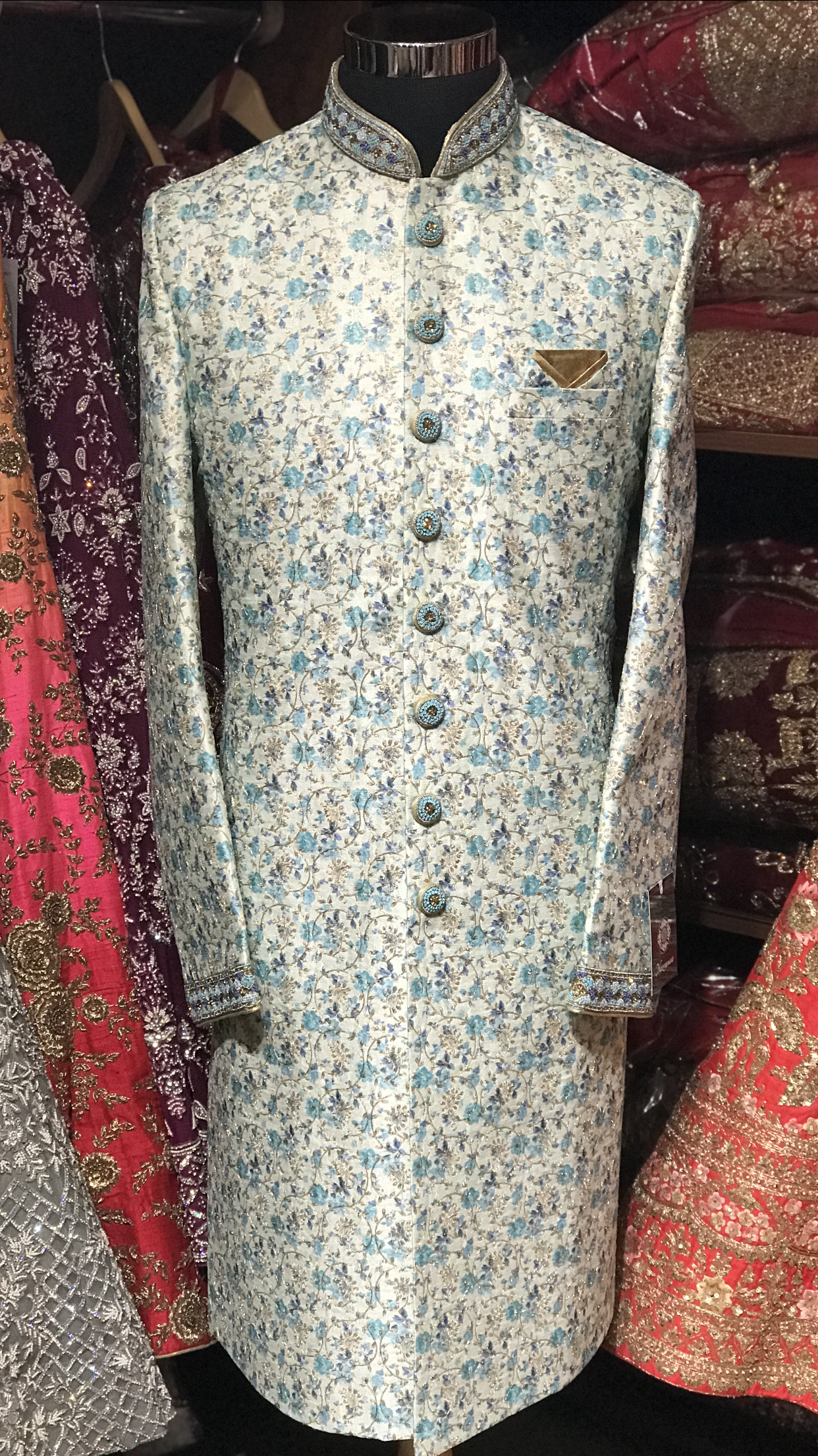 Ivory Blue Floral Print Sherwani