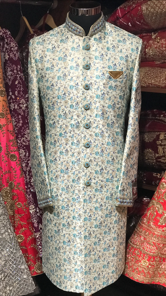 Ivory Blue Floral Print Sherwani