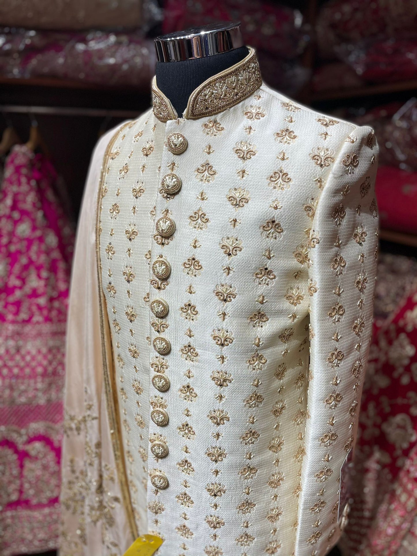 Pearl White & Gold Silk Embroidered Sherwani- S46