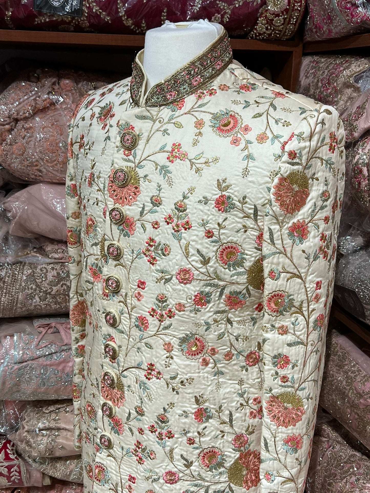 Beige Cream Floral Embroidered Sherwani