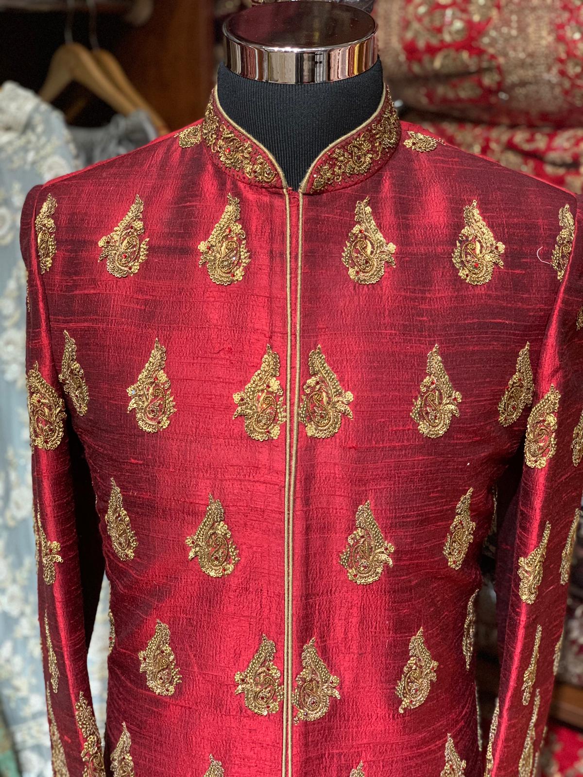 Red Raw Silk Size 40 Sherwani