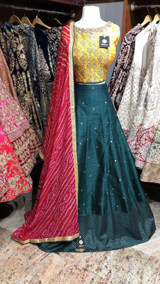 Green Size 38 Bandhani Dupatta Lehenga