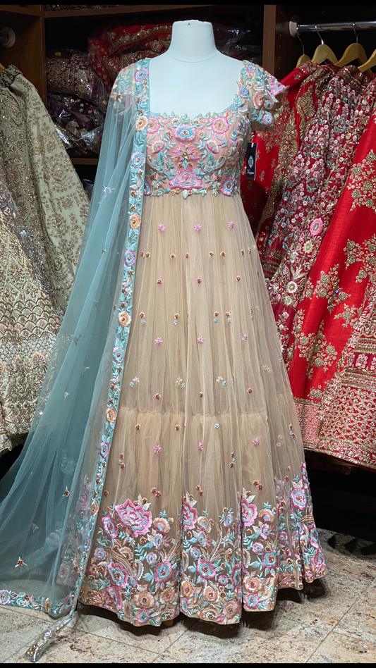 Gold & Blush Floral Gown With Mint Dupatta