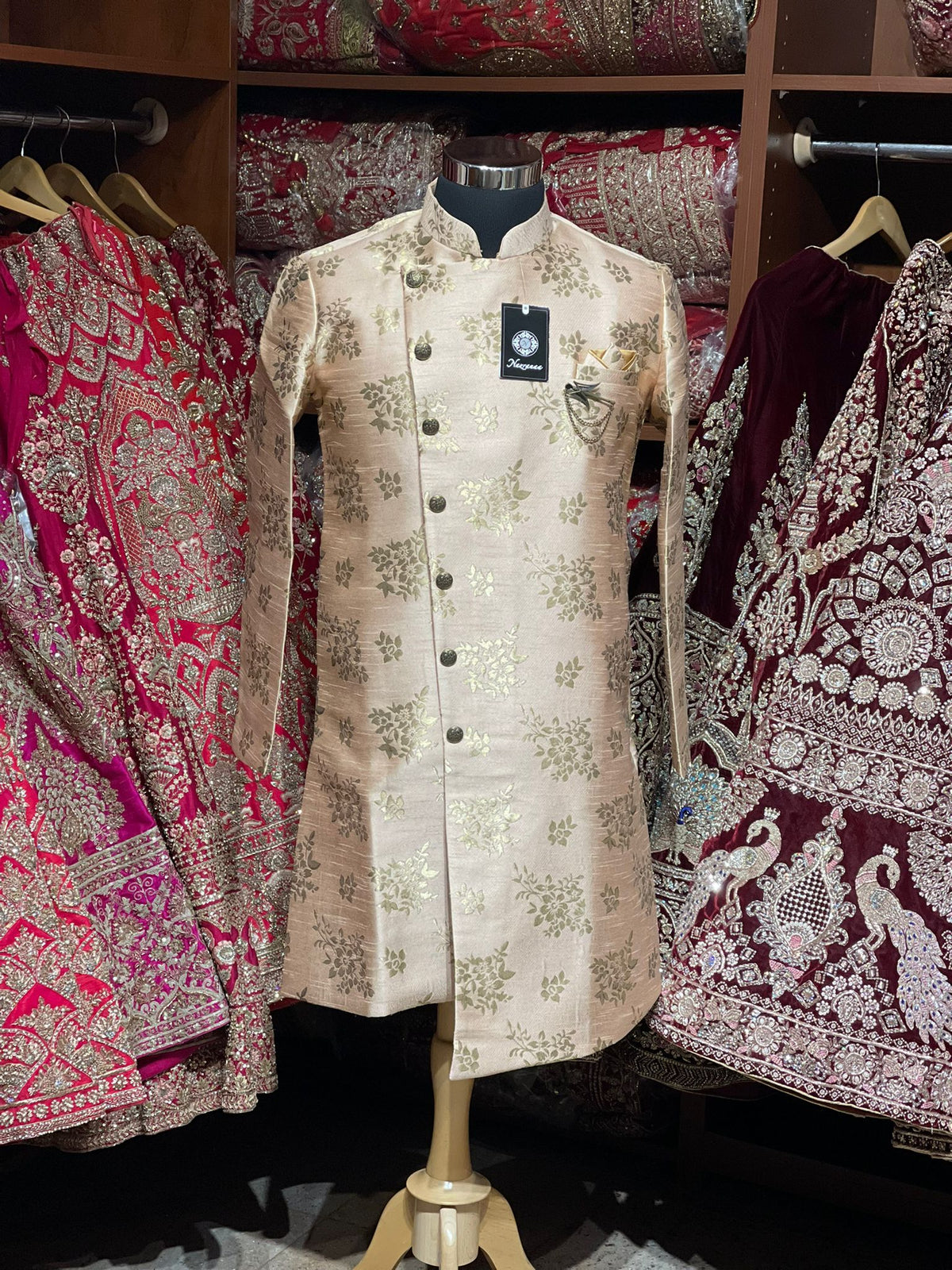 Peach Rajwadi Silk Asymmetric Sherwani with Floral Zari Motifs