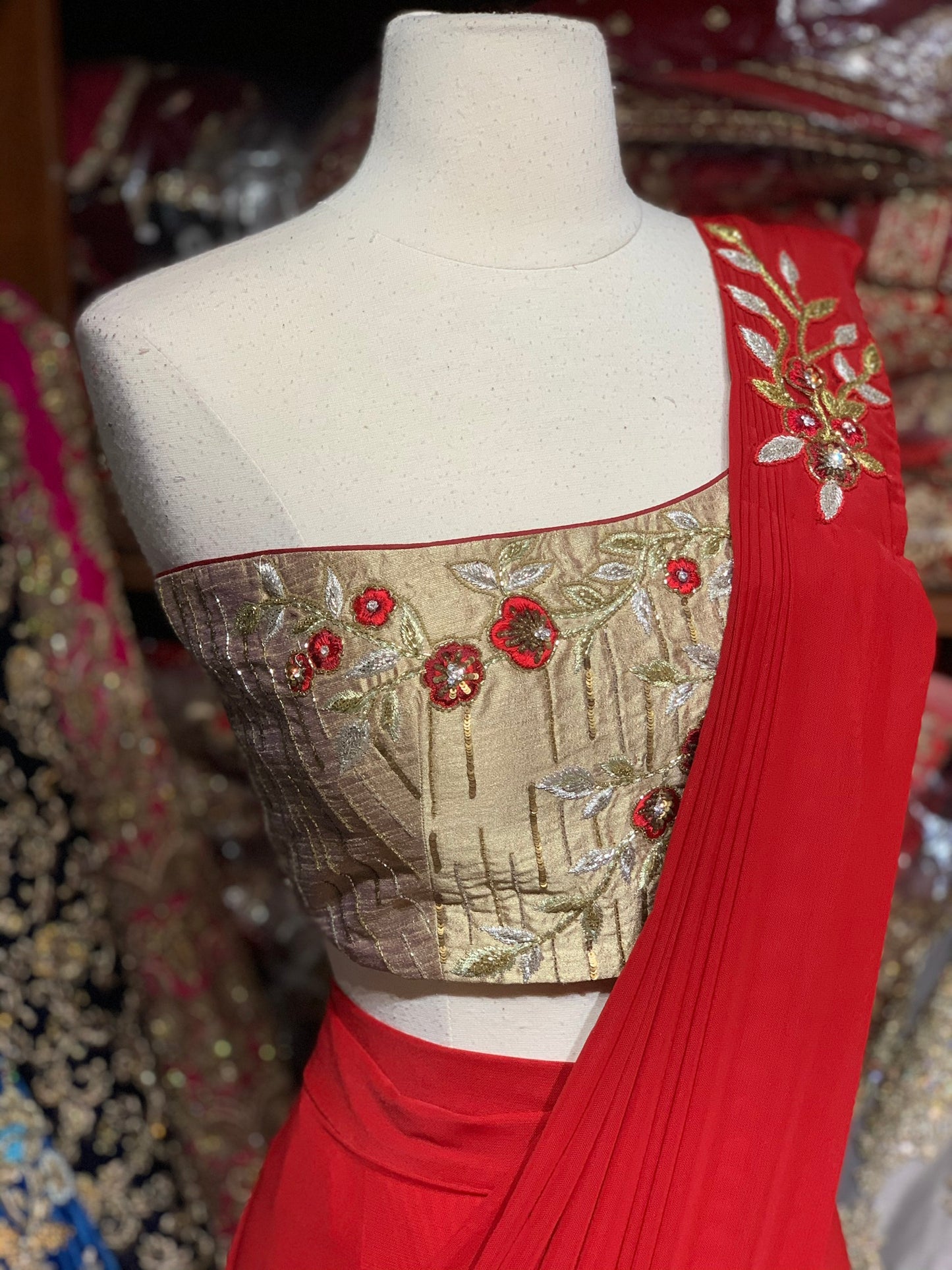 Red Pre-Stitched Saree W/ Readymade Blouse