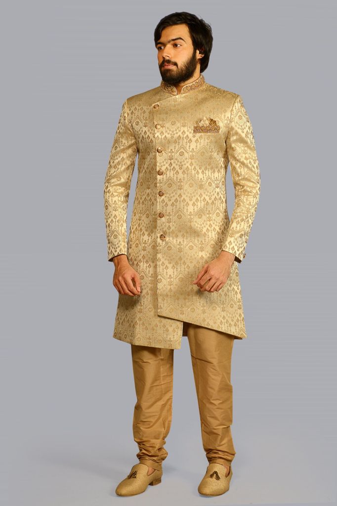 Gold Zari Woven Brocade Sherwani with Gold Pants