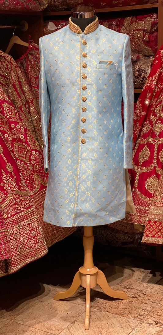 Sky Blue Zari Woven Embroidered Sherwani- S131198