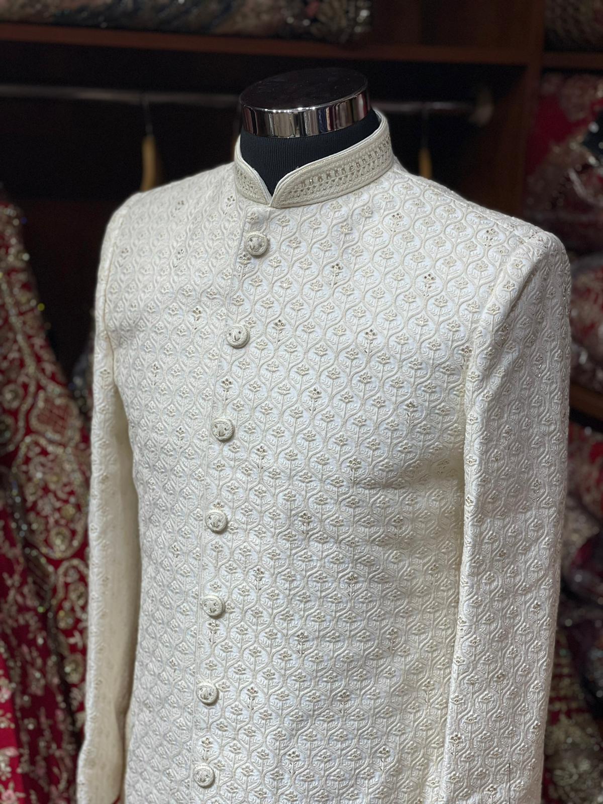 Off White Thread Embroidered Sherwani-P10S45