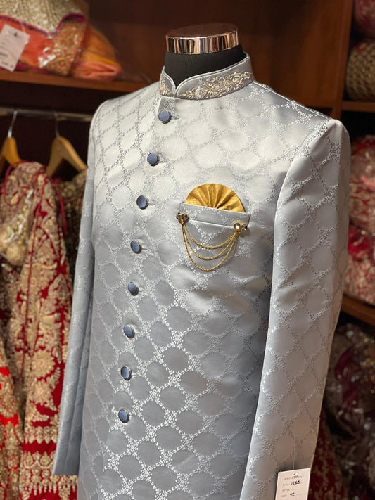 Slate Grey Thread Embroidered Sherwani- 1263