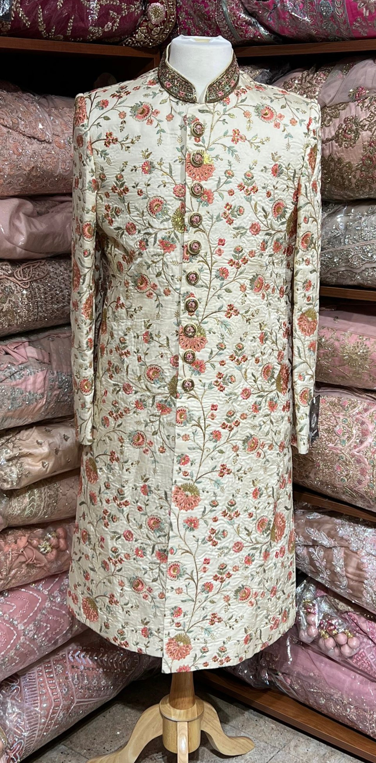 Beige Cream Floral Embroidered Sherwani