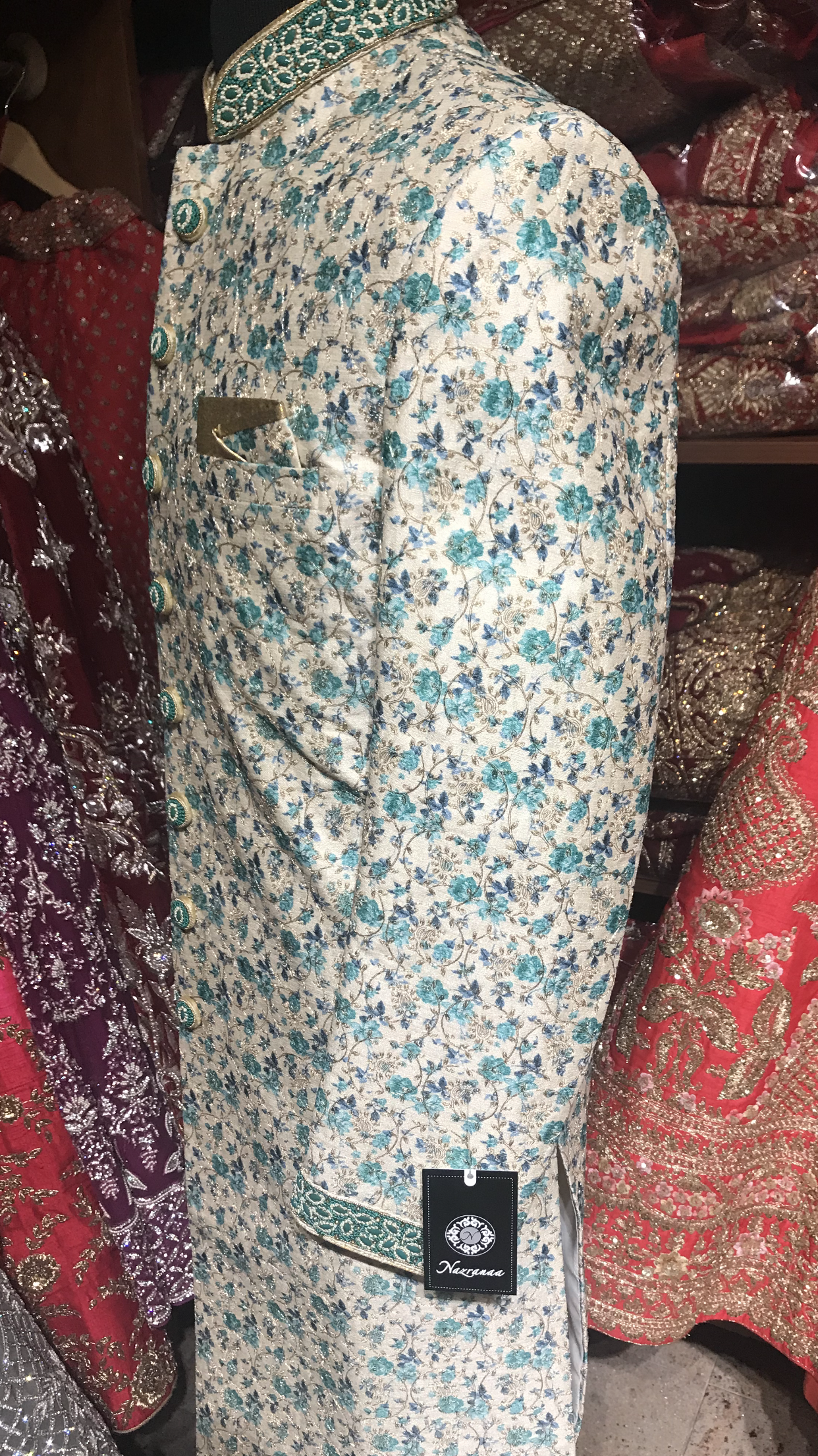 Ivory Teal Floral Print Sherwani