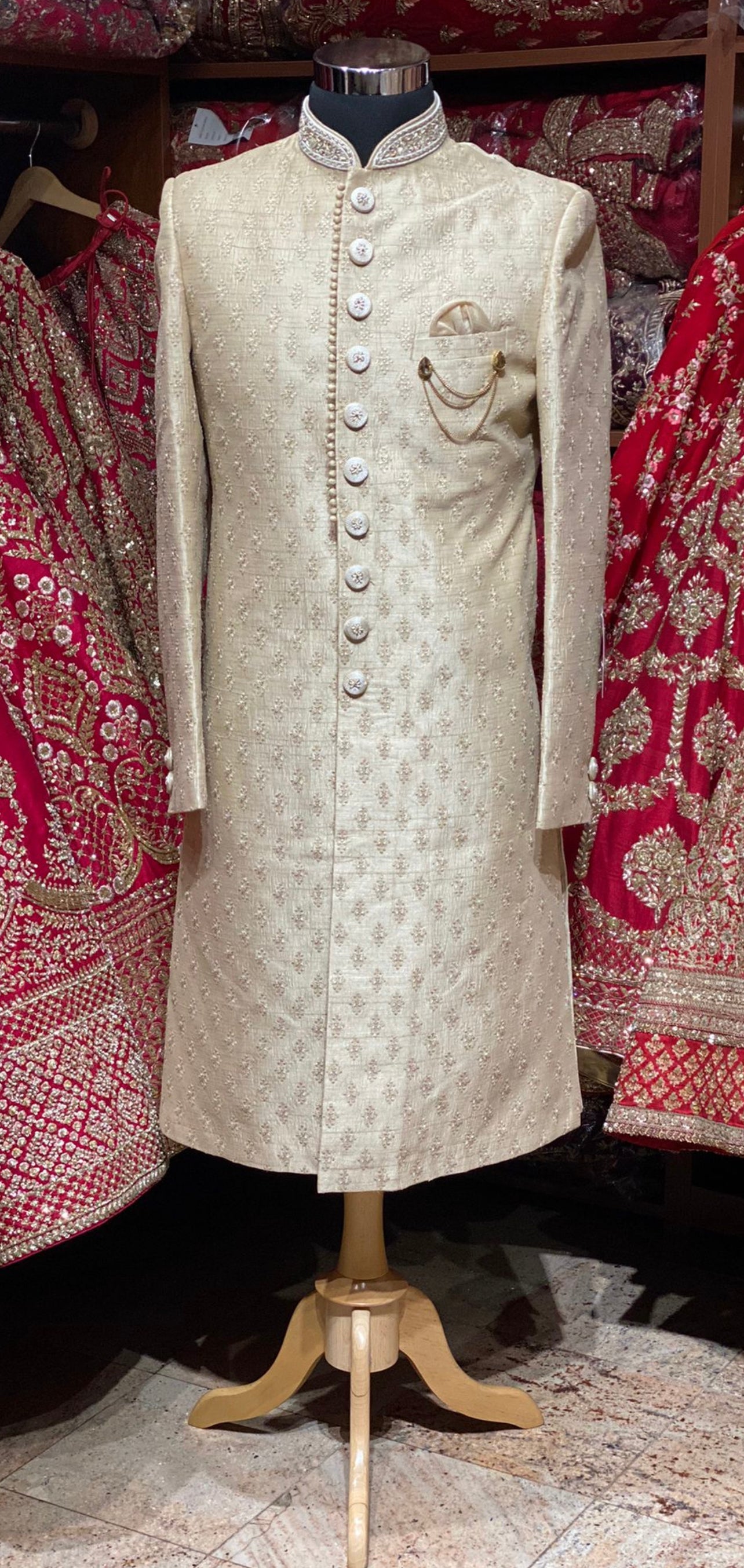 Beige Cream Thread Embroidered Sherwani- 1188