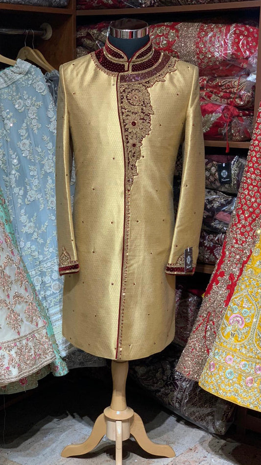 Gold Burgundy Size 40 Wedding Sherwani