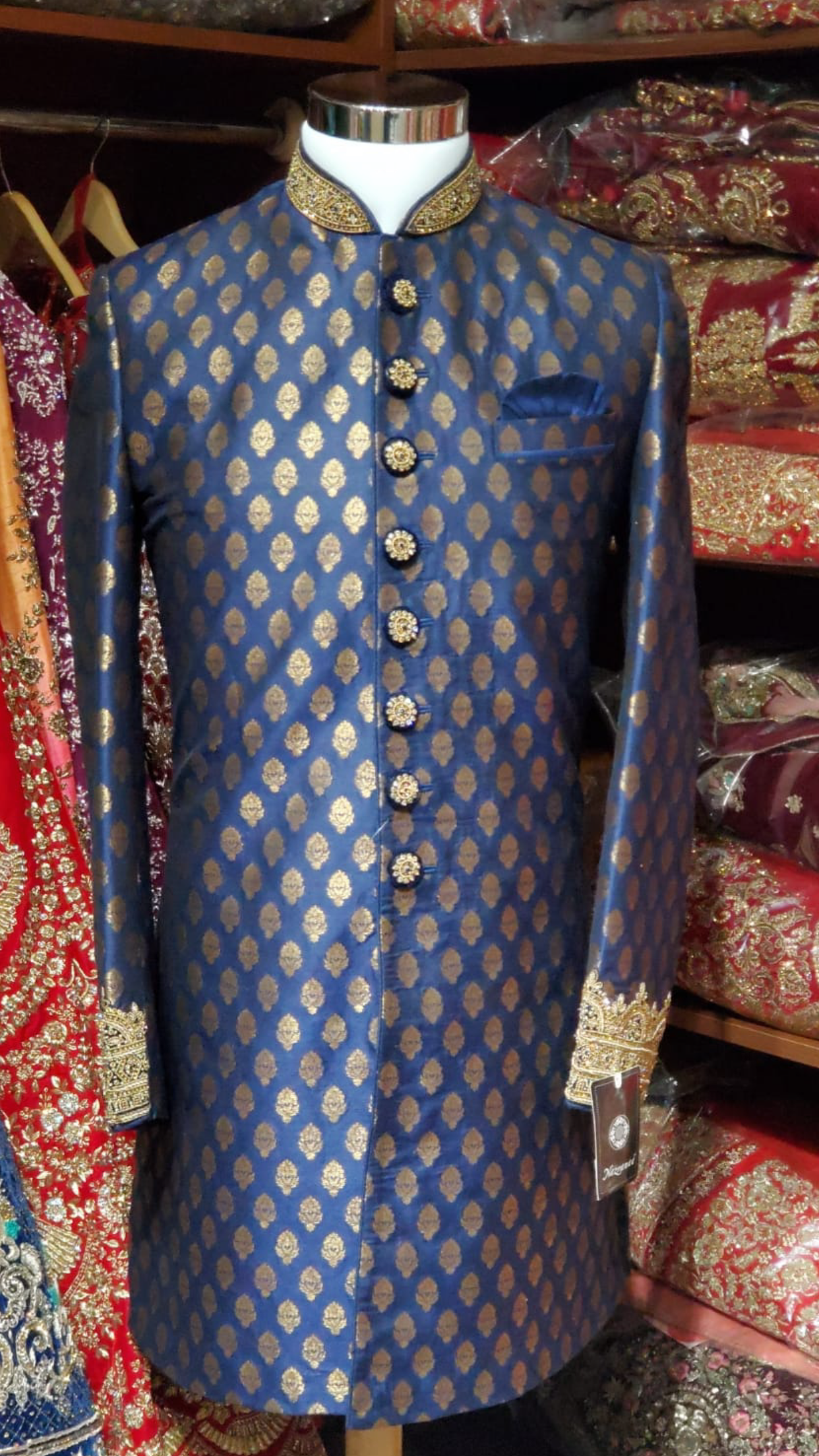 Navy Blue Brocade Sherwani