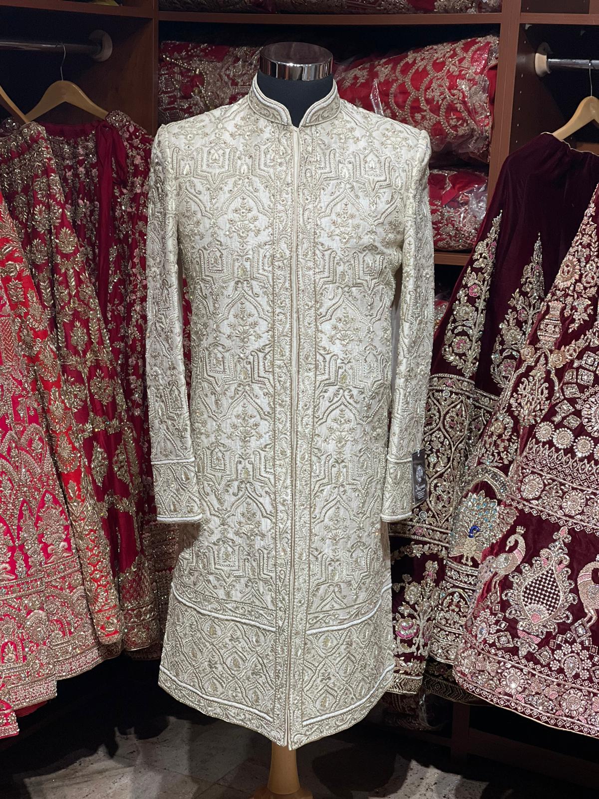 Ivory White Cut Dana Royal  Sherwani