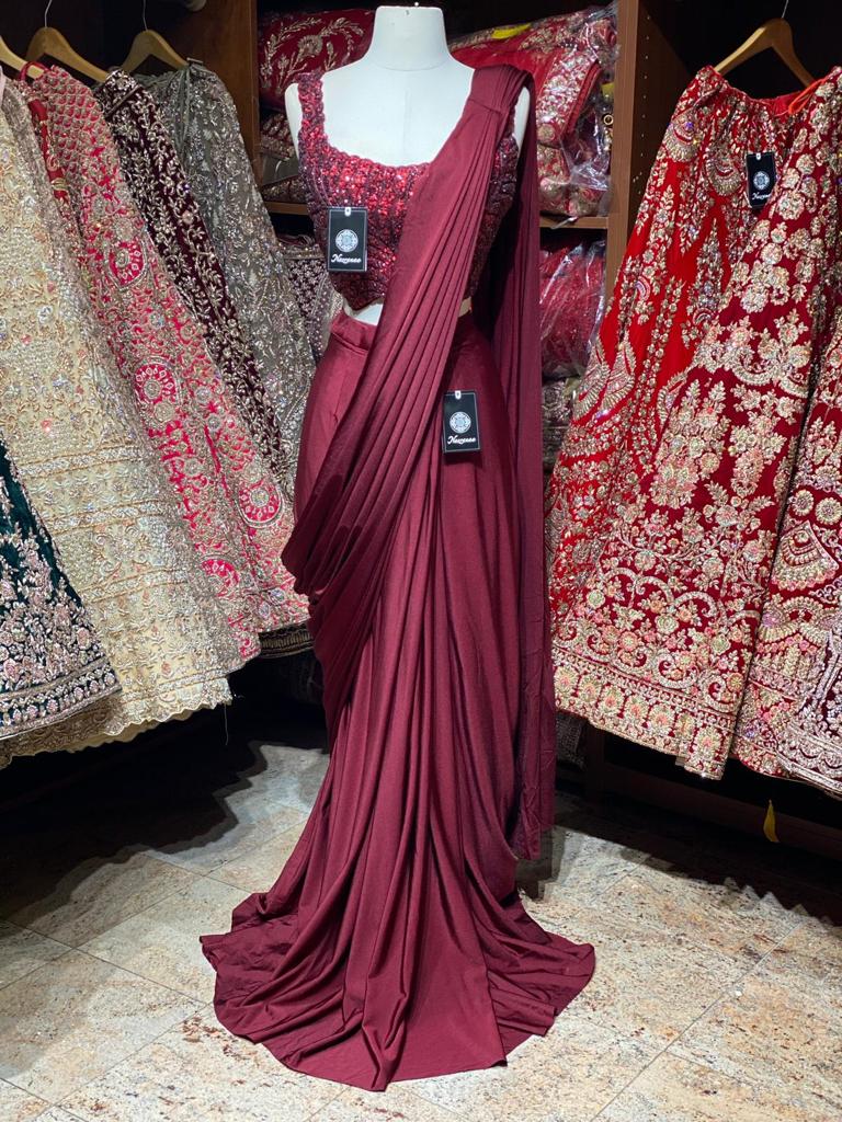 Wine Red Pre-Stitched Saree W/ Readymade Blouse PSS-21