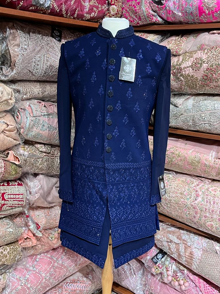 Midnight Blue Thread Embroidered Sherwani-S1429