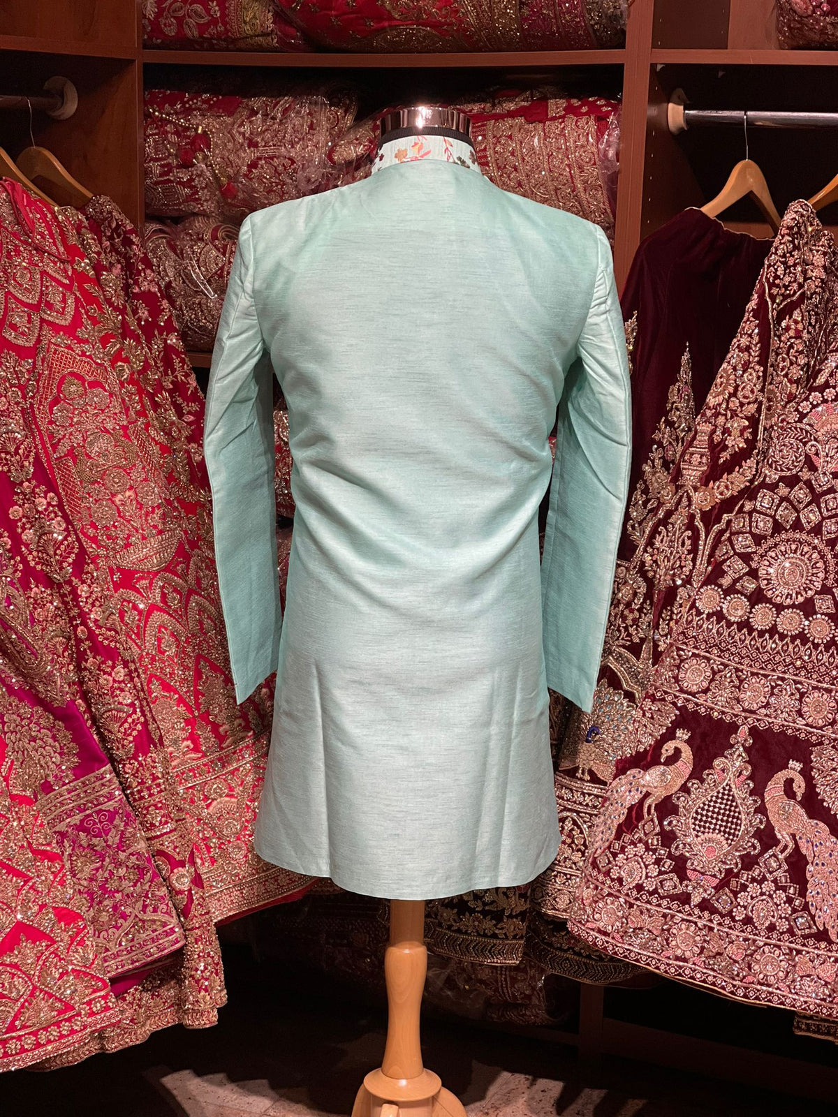 Turquoise Digital Print Asymmetric Indo-Western Coat with Churidar