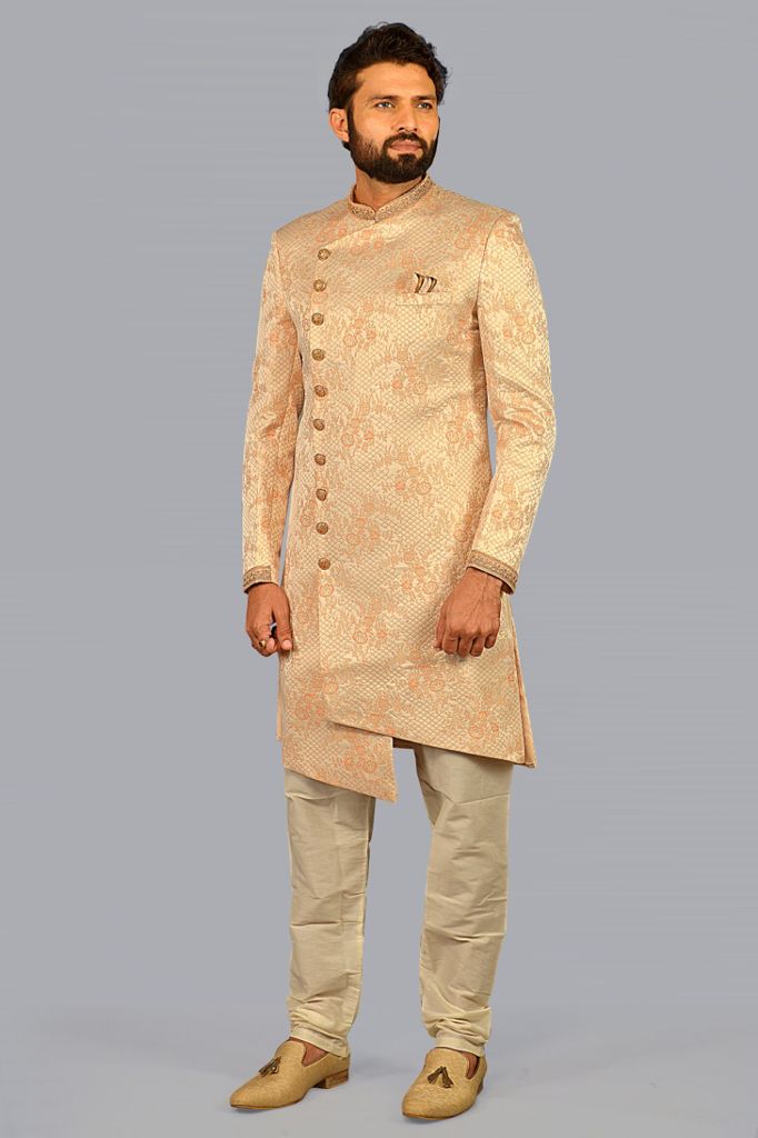 Peach Orange Silk Woven Brocade Sherwani