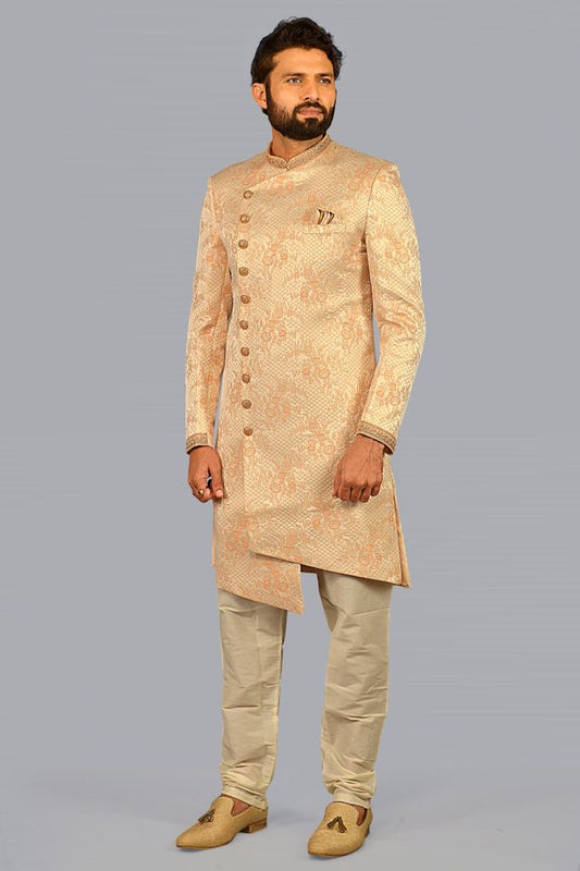 Peach Orange Silk Woven Brocade Sherwani