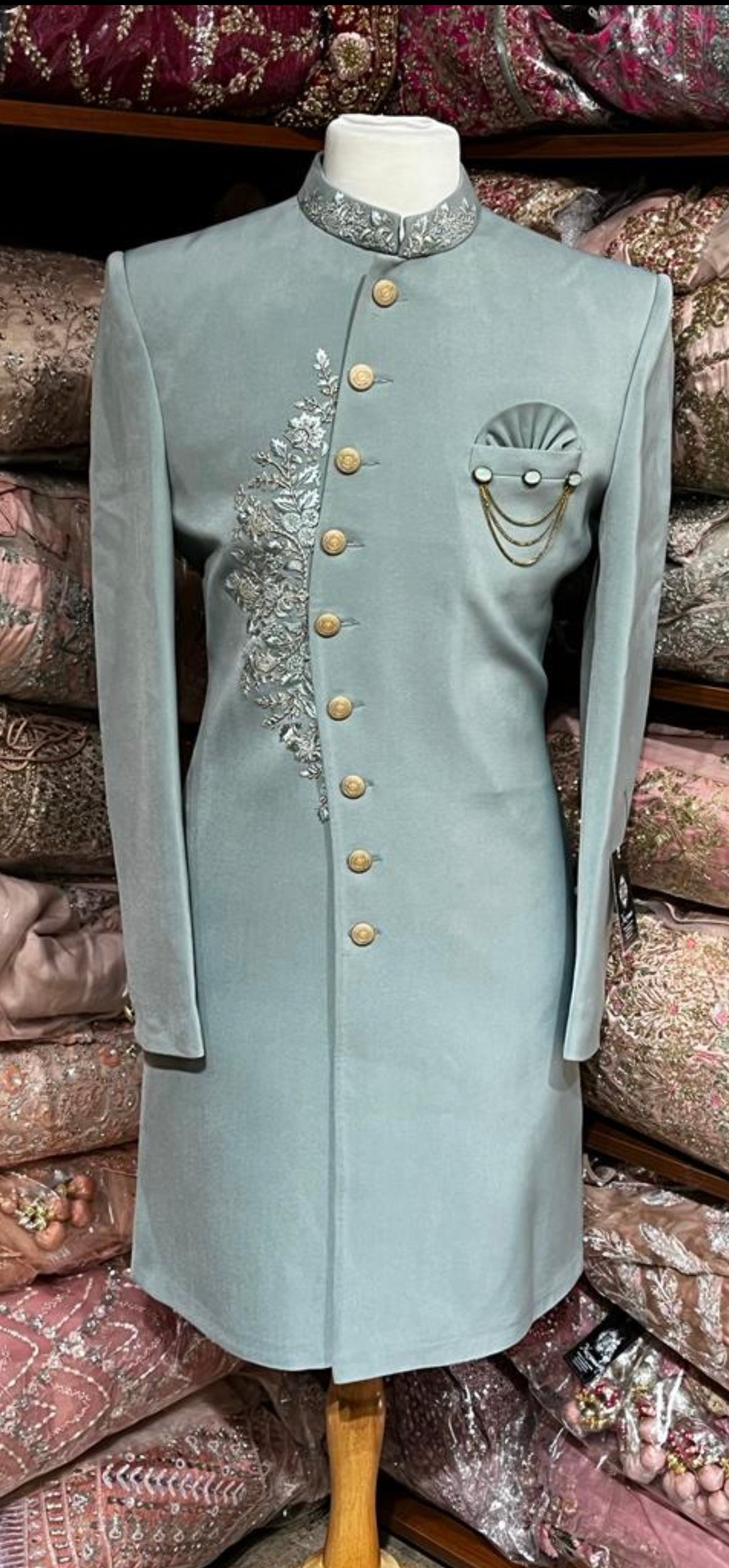 Stone Blue Resham Embroidered Sherwani- 1275